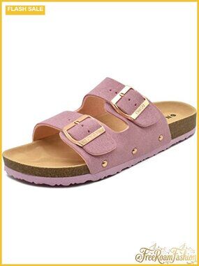 Women's Suede Leather Slide Sandals with Arch Support Adjustable Buckle Slip On